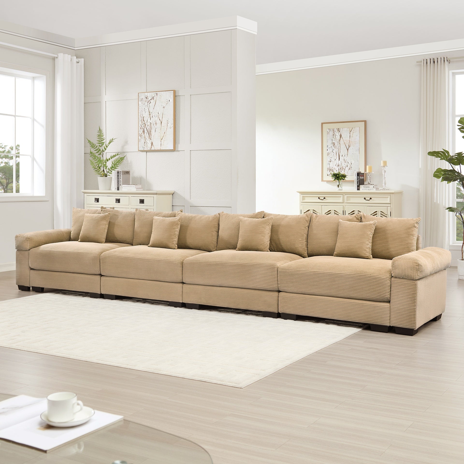 170" Oversized Cloud Modular Sectional Couch, Premium Corduroy 3-Seater Extra-Thick Armrests, Good Resilience Cushion, 12 Throw Pillows, Ergonomic Design, Easy Assembly,For Living Rooms,Camel