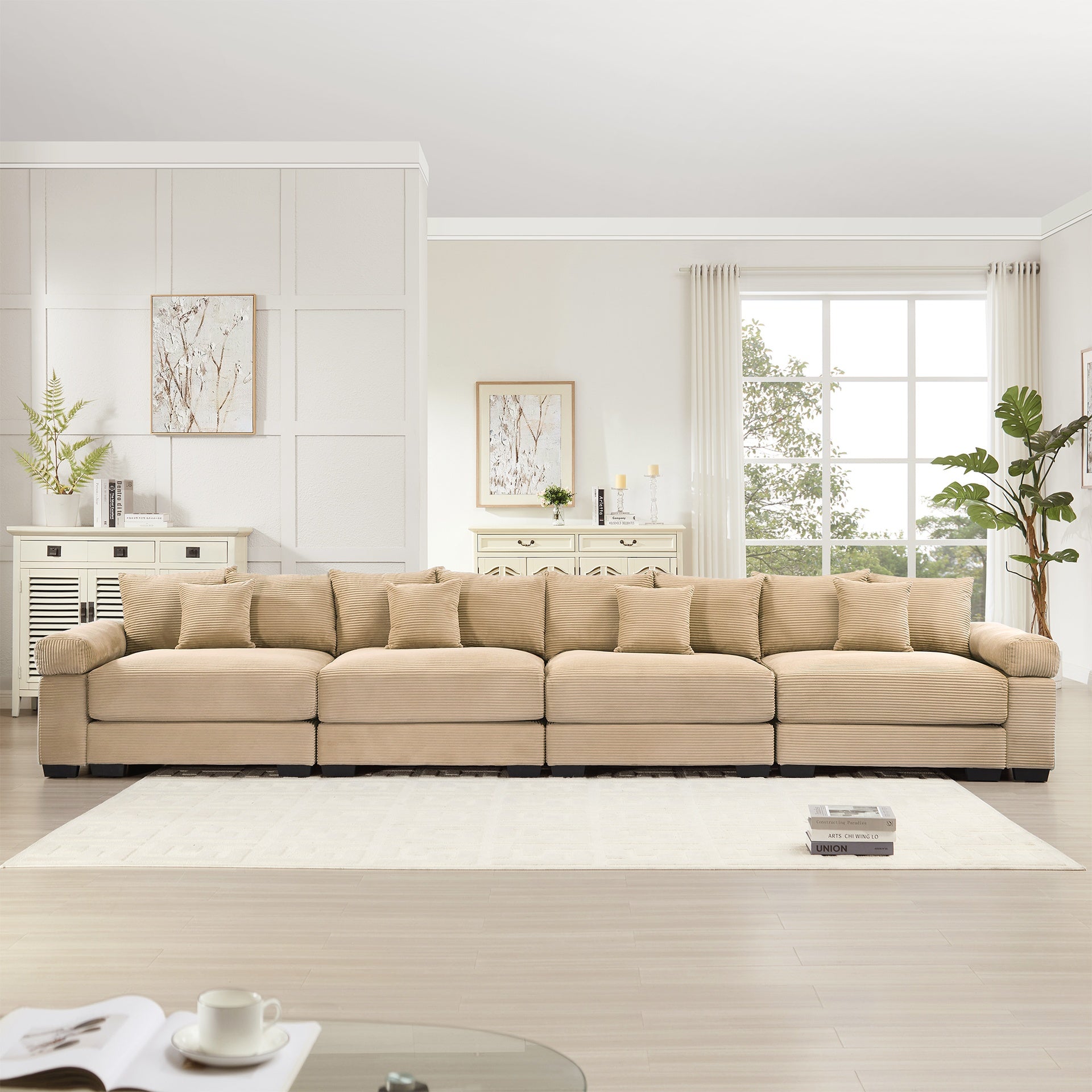 170" Oversized Cloud Modular Sectional Couch, Premium Corduroy 3-Seater Extra-Thick Armrests, Good Resilience Cushion, 12 Throw Pillows, Ergonomic Design, Easy Assembly,For Living Rooms,Camel