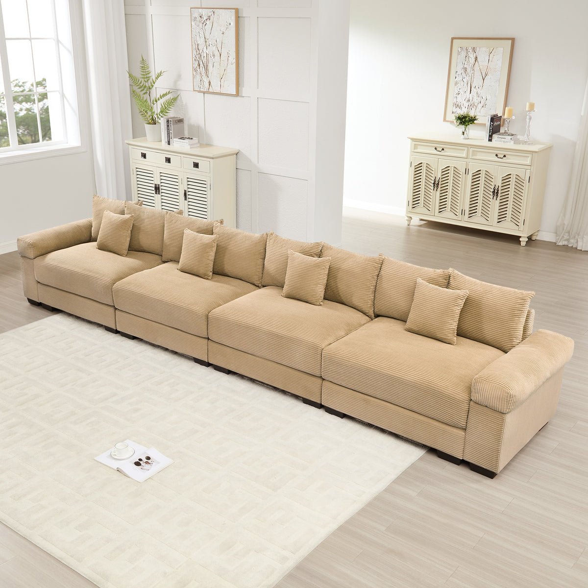 170" Oversized Cloud Modular Sectional Couch, Premium Corduroy 3-Seater Extra-Thick Armrests, Good Resilience Cushion, 12 Throw Pillows, Ergonomic Design, Easy Assembly,For Living Rooms,Camel
