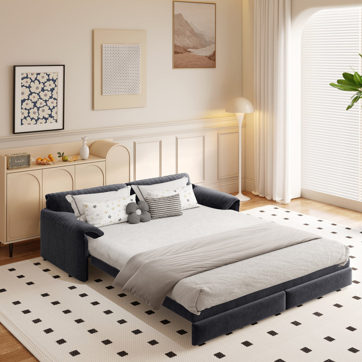 66" Queen Pull Out Sofa Bed, 3-in-1 Convertible Sleeper Sofa with Side Storage,Multi-Functional Velvet Loveseat Bed for Living Room,Grey(Old Sku:W1885S00045 /W1885S00223 )