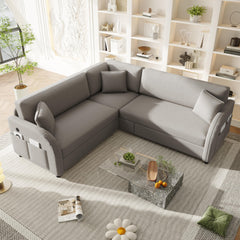 85.1" L-Shaped Sofa Couch with Pull-Out Bed,Oversize Convertible Sleeper Sofa with side Pocket & USB Port,Teddy Upholstered Sectional Couches, for Living Room, Apartment, Office,Light Grey