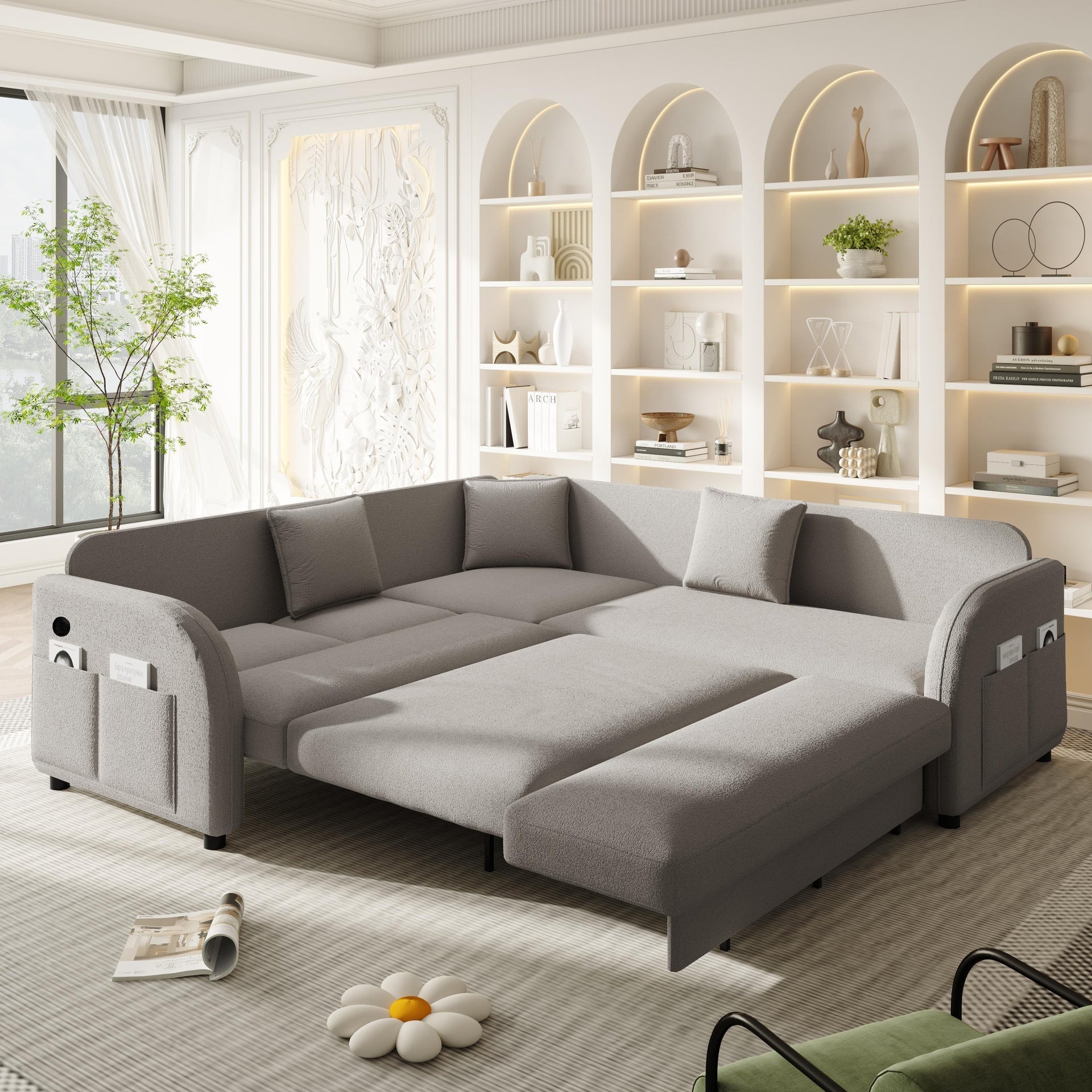 85.1" L-Shaped Sofa Couch with Pull-Out Bed,Oversize Convertible Sleeper Sofa with side Pocket & USB Port,Teddy Upholstered Sectional Couches, for Living Room, Apartment, Office,Light Grey