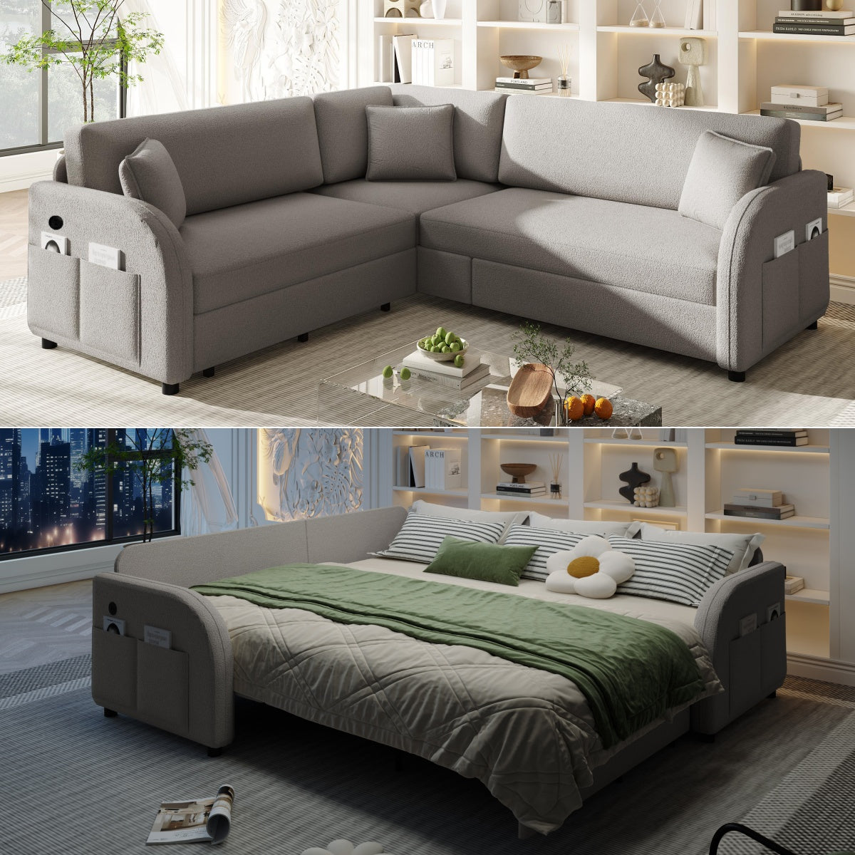 85.1" L-Shaped Sofa Couch with Pull-Out Bed,Oversize Convertible Sleeper Sofa with side Pocket & USB Port,Teddy Upholstered Sectional Couches, for Living Room, Apartment, Office,Light Grey