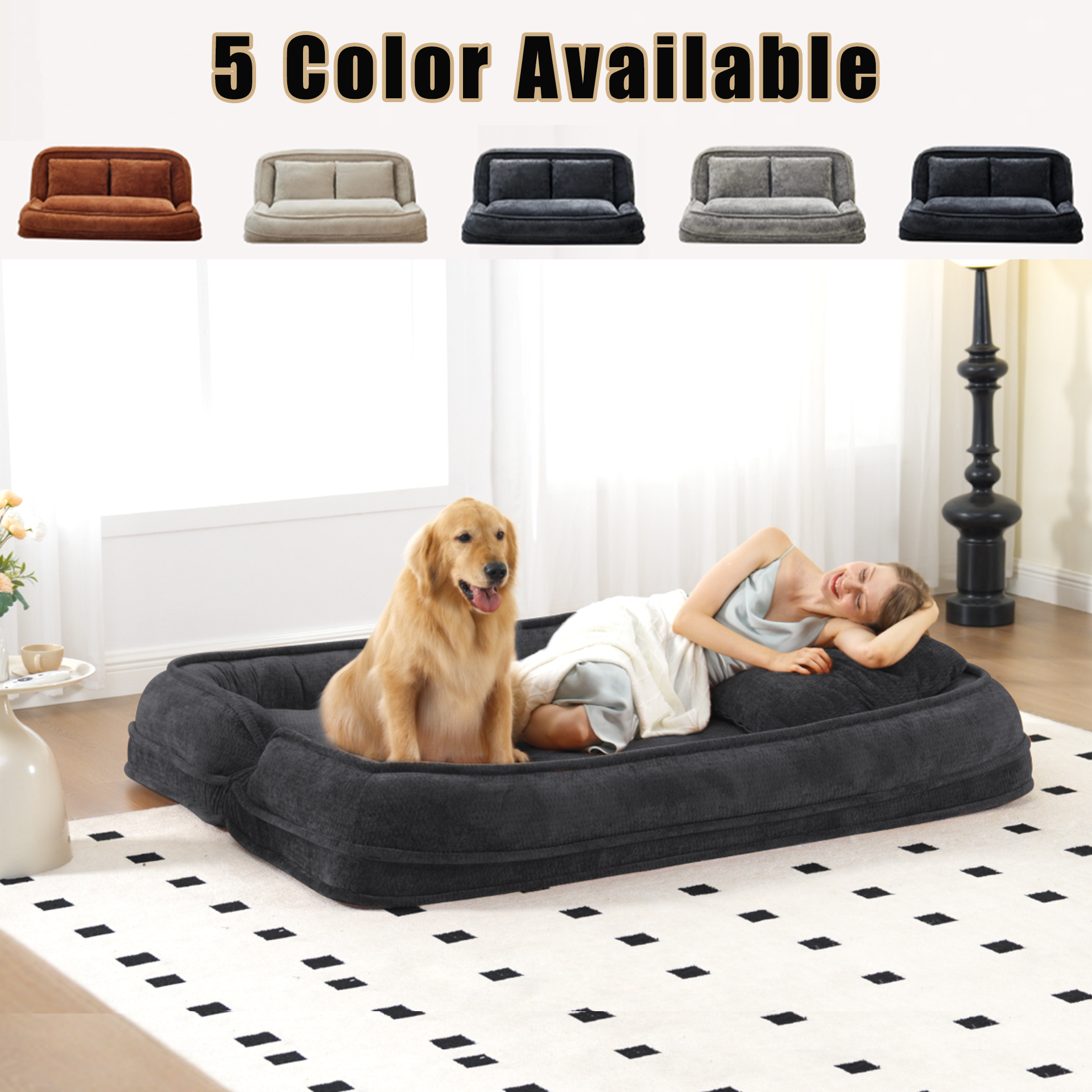 [NEW ARRIVED] [VIDEO PROVIDED] Double human dog bed,Lazy sofa ,Loveseat,Fits You & Pets,Extra Large Floor Couch,Can sit or lie down,2-in-1,5 Adjustable Position, Plump Pillow,2 Seat,Chenille,Dark Gray