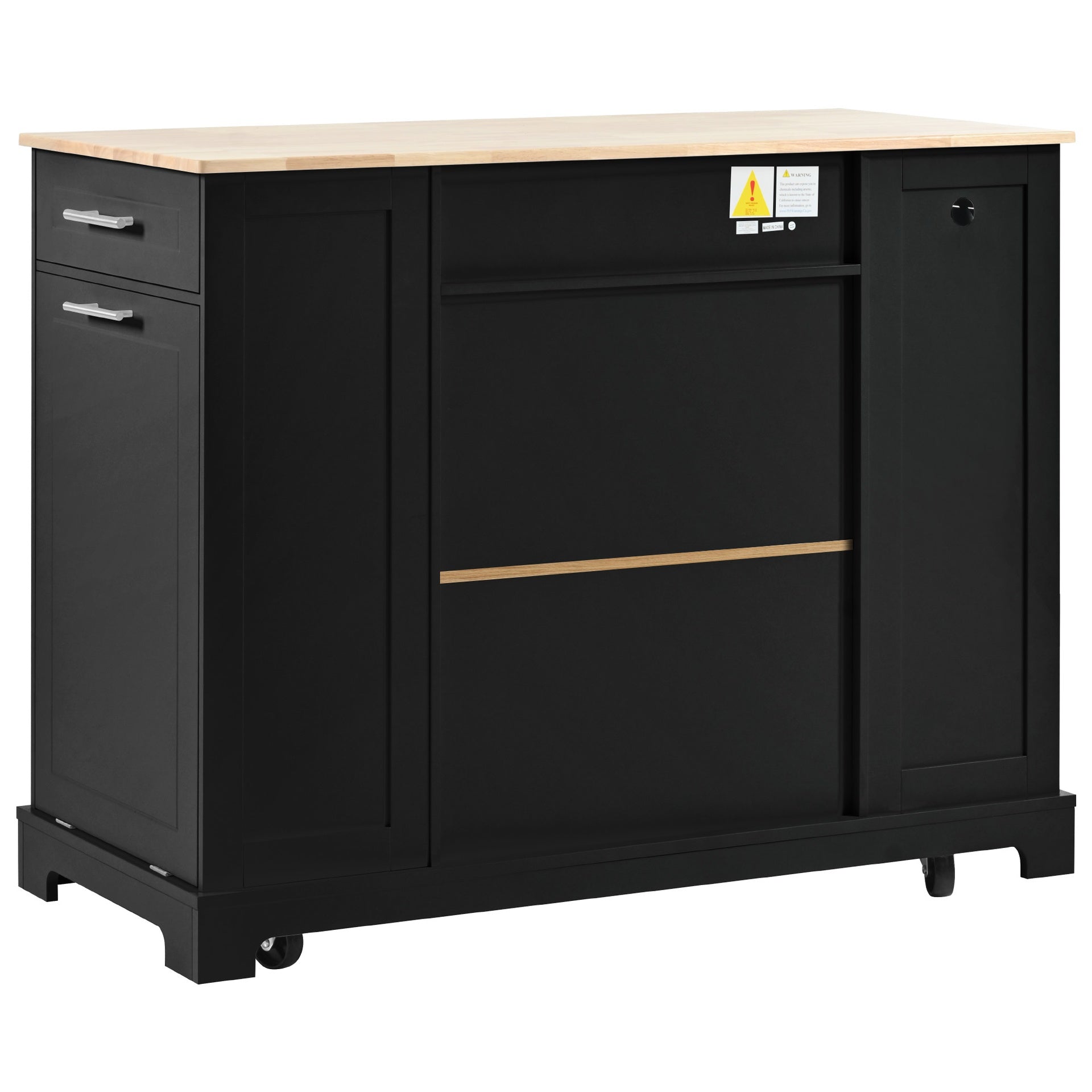 K&K Fluted Kitchen Island with Trash Can Storage Cabinet, Power Outlet, Internal Storage Rack, Rolling Kitchen Islands on 5 Wheels with 3 Drawer, 3 Open Side Racks for 10 Gallon Garbage Bin, Black