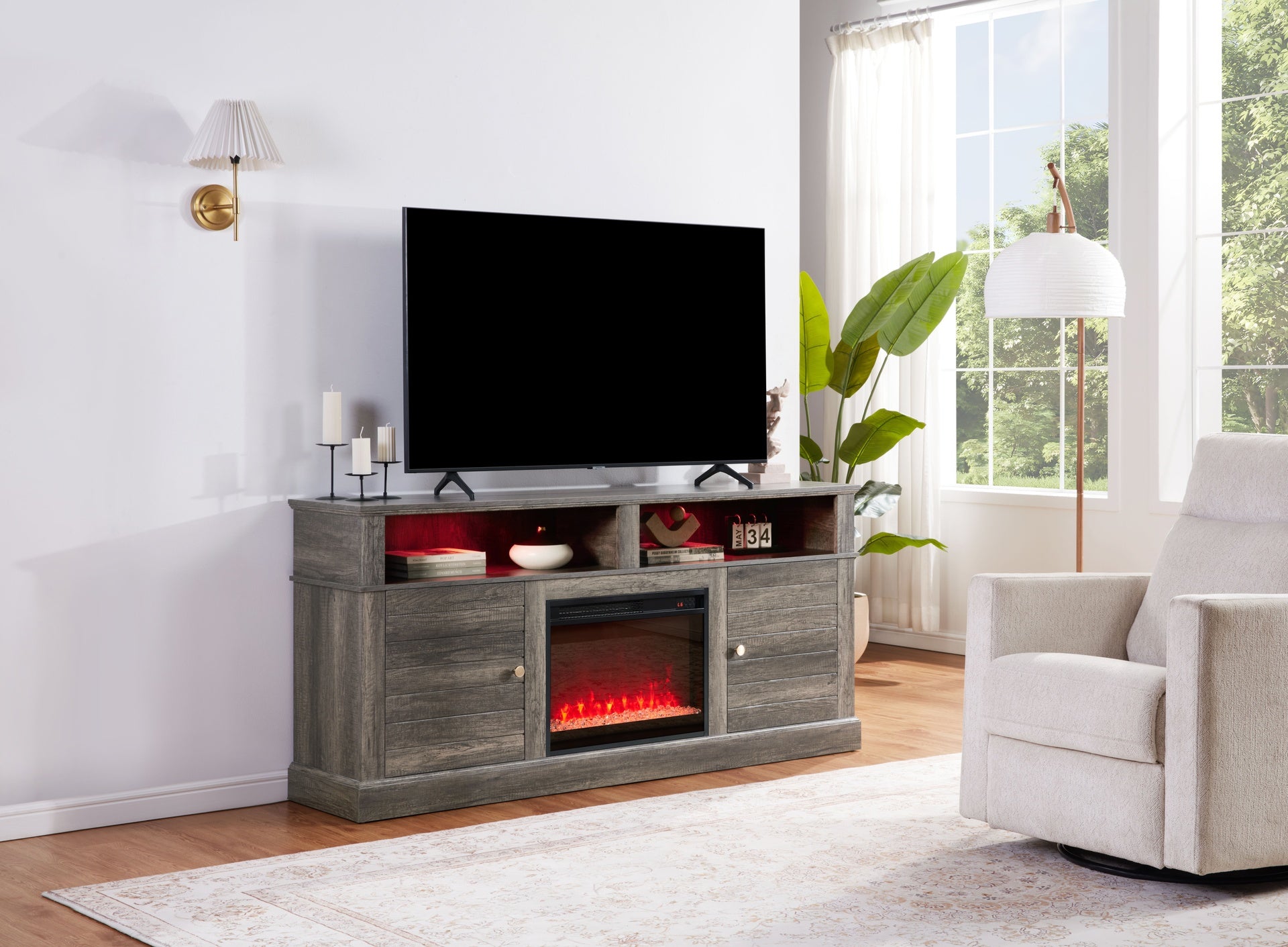 Terra 70"W Gray Walnut Finish TV Stand Console with Fireplace and Heater