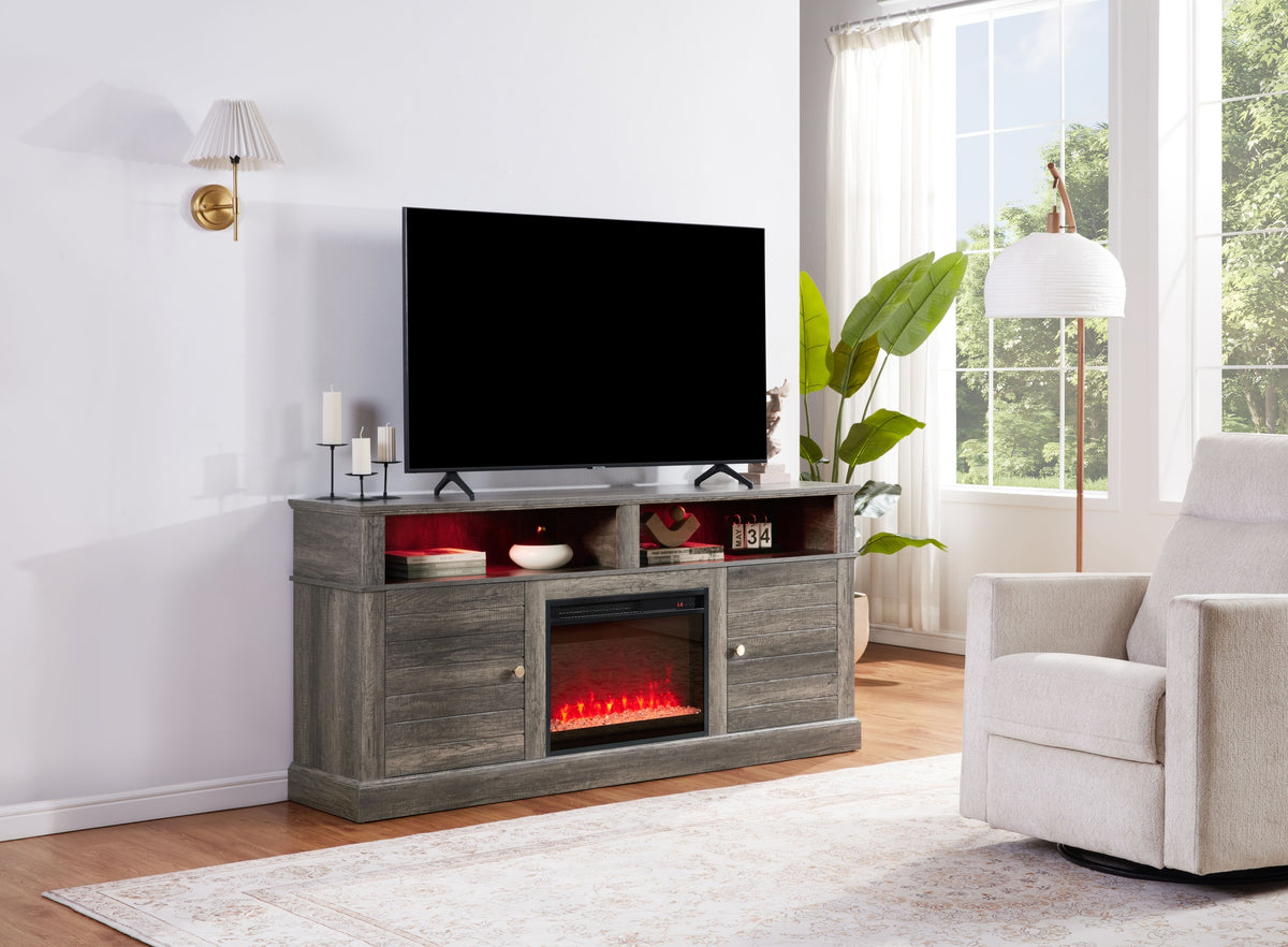 Terra 70"W Gray Walnut Finish TV Stand Console with Fireplace and Heater