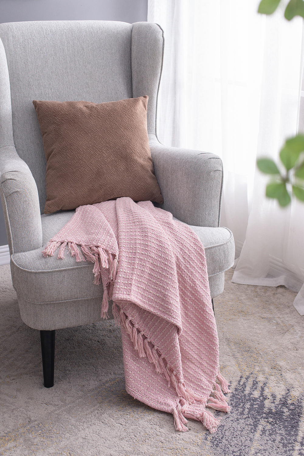 50x60" Decorative Pink and Tan Cotton Throw Blanket with Tassels, 2 Pack