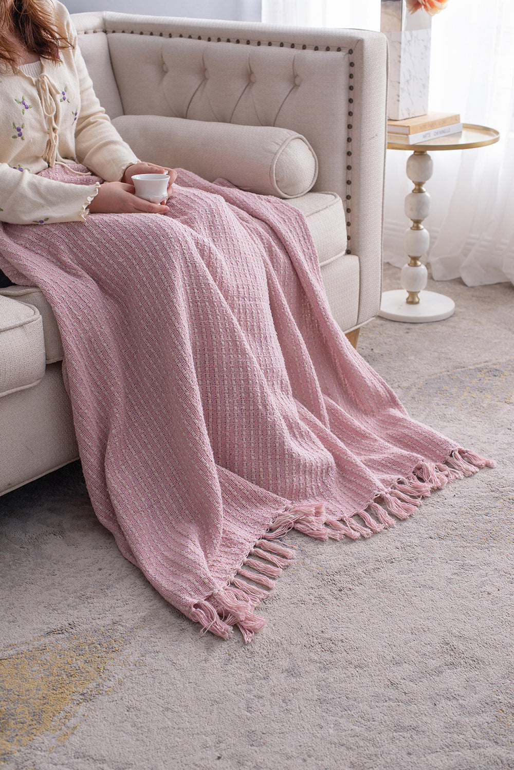 50x60" Decorative Pink and Tan Cotton Throw Blanket with Tassels, 2 Pack
