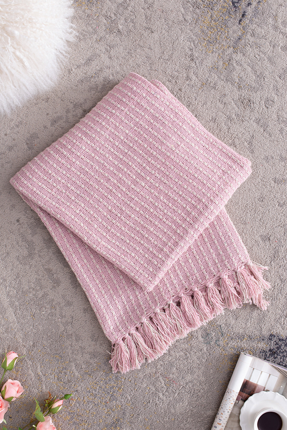 50x60" Decorative Pink and Tan Cotton Throw Blanket with Tassels, 2 Pack