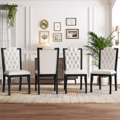 Upholstered Dining Chairs Set of 4, High Back Diamond Button Tufted Kitchen Chairs with Solid Wood Legs and Nailhead Trims for Dining Room, Living Room, Restaurant, Biege+Black