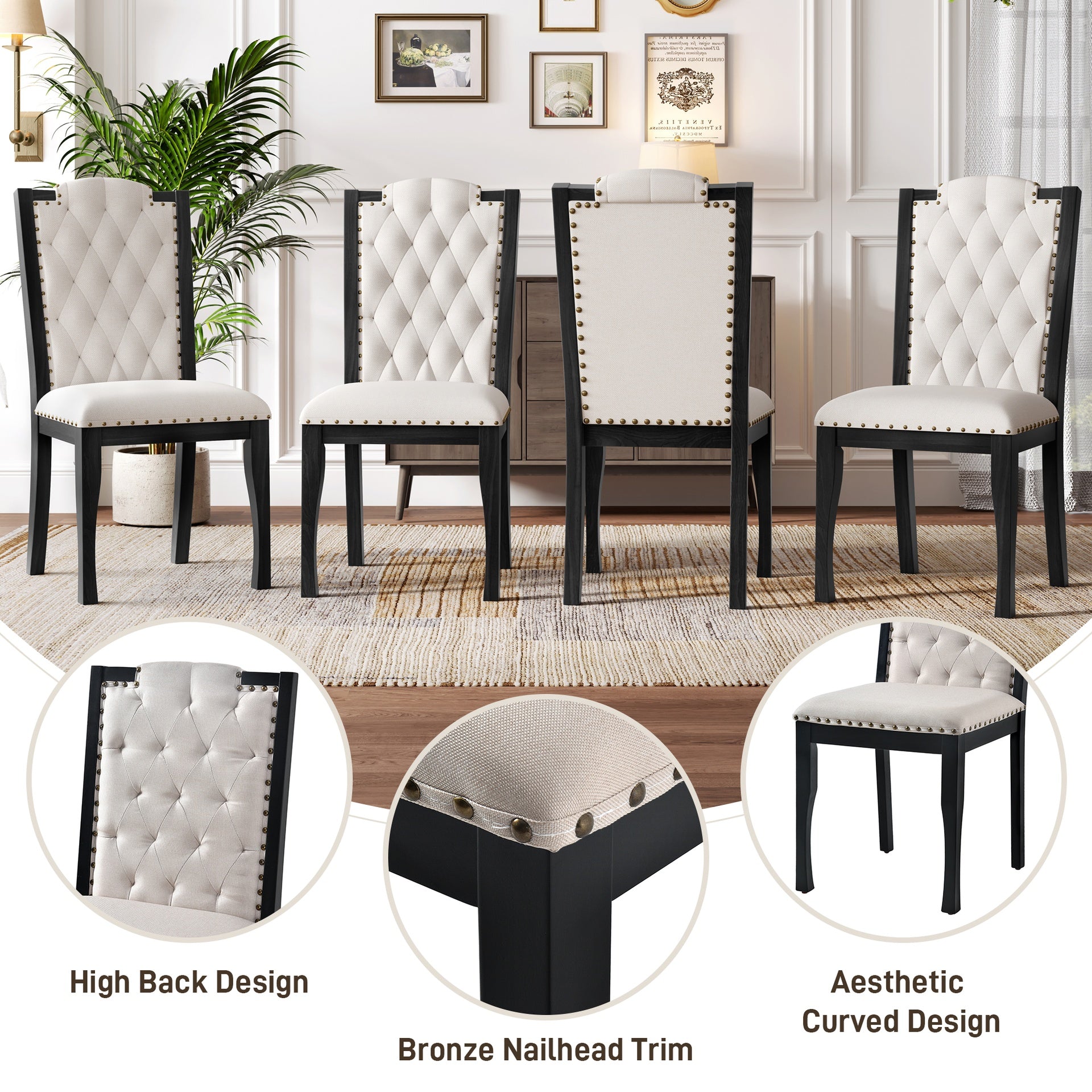 Upholstered Dining Chairs Set of 4, High Back Diamond Button Tufted Kitchen Chairs with Solid Wood Legs and Nailhead Trims for Dining Room, Living Room, Restaurant, Biege+Black
