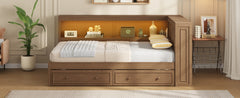 Full Size Wood Daybed with Storage Shelves, USB, LED, and 2 Drawers, Antique Wood Color