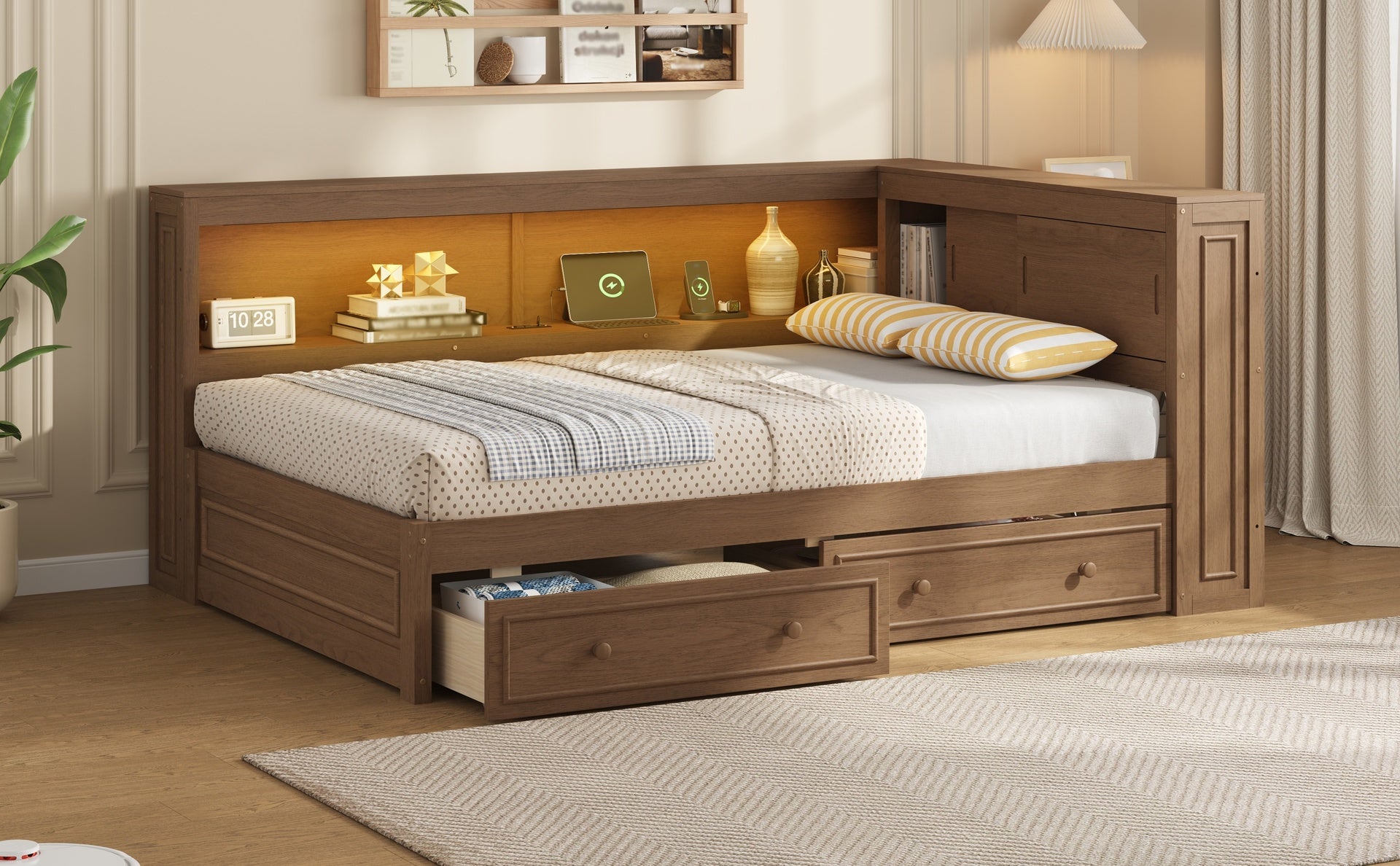 Full Size Wood Daybed with Storage Shelves, USB, LED, and 2 Drawers, Antique Wood Color
