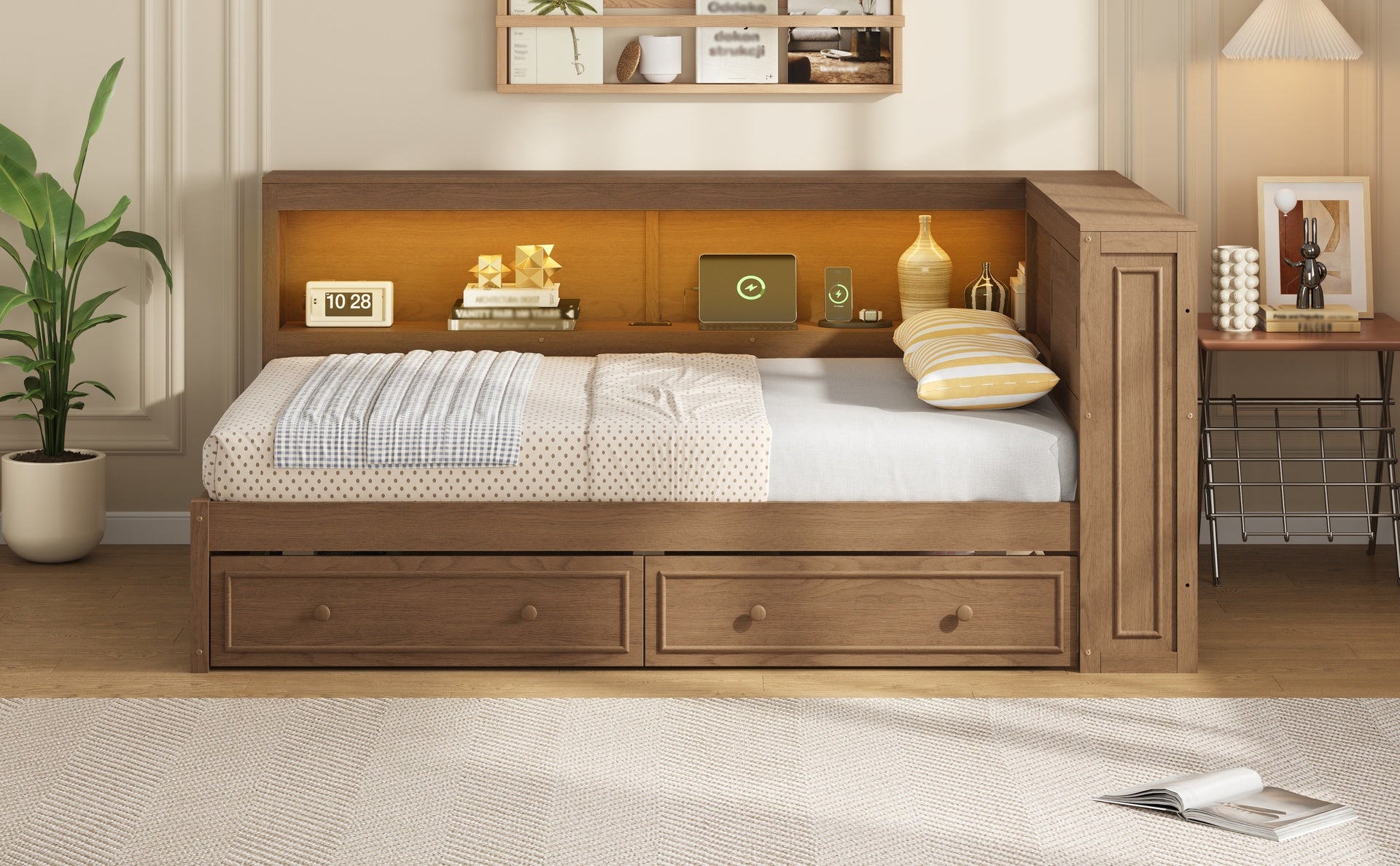 Full Size Wood Daybed with Storage Shelves, USB, LED, and 2 Drawers, Antique Wood Color