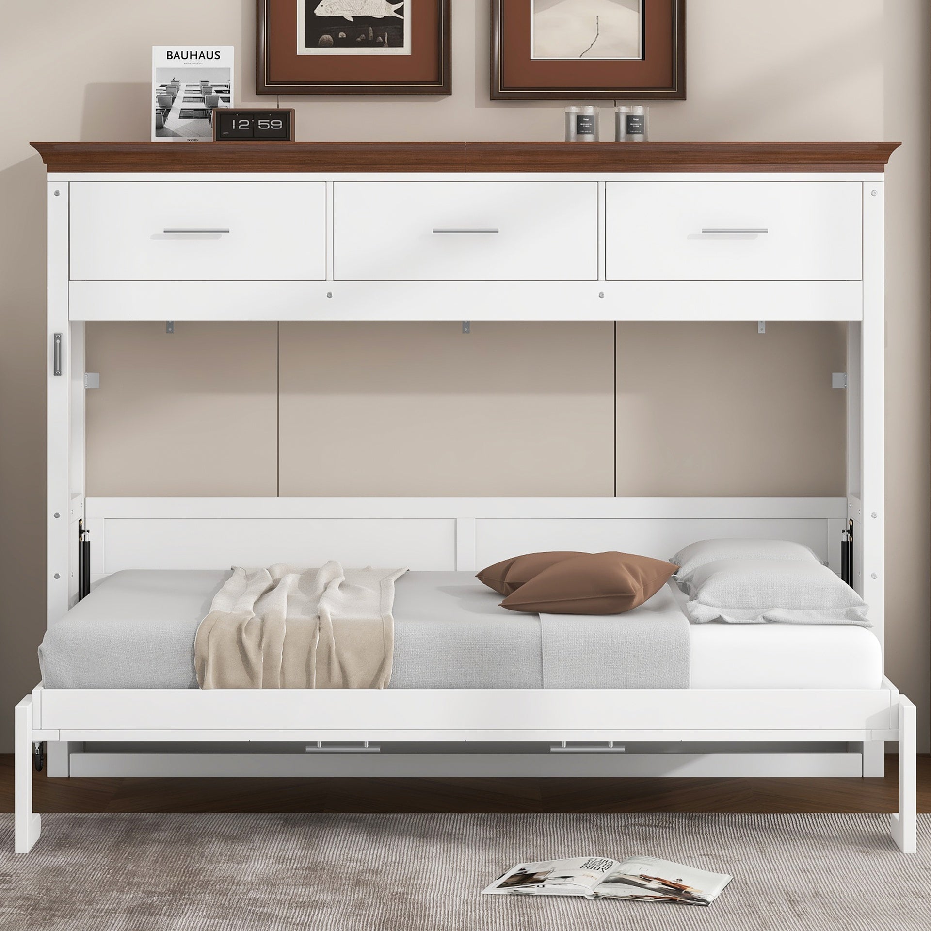 Twin Size Murphy Bed with 3 Drawers, White