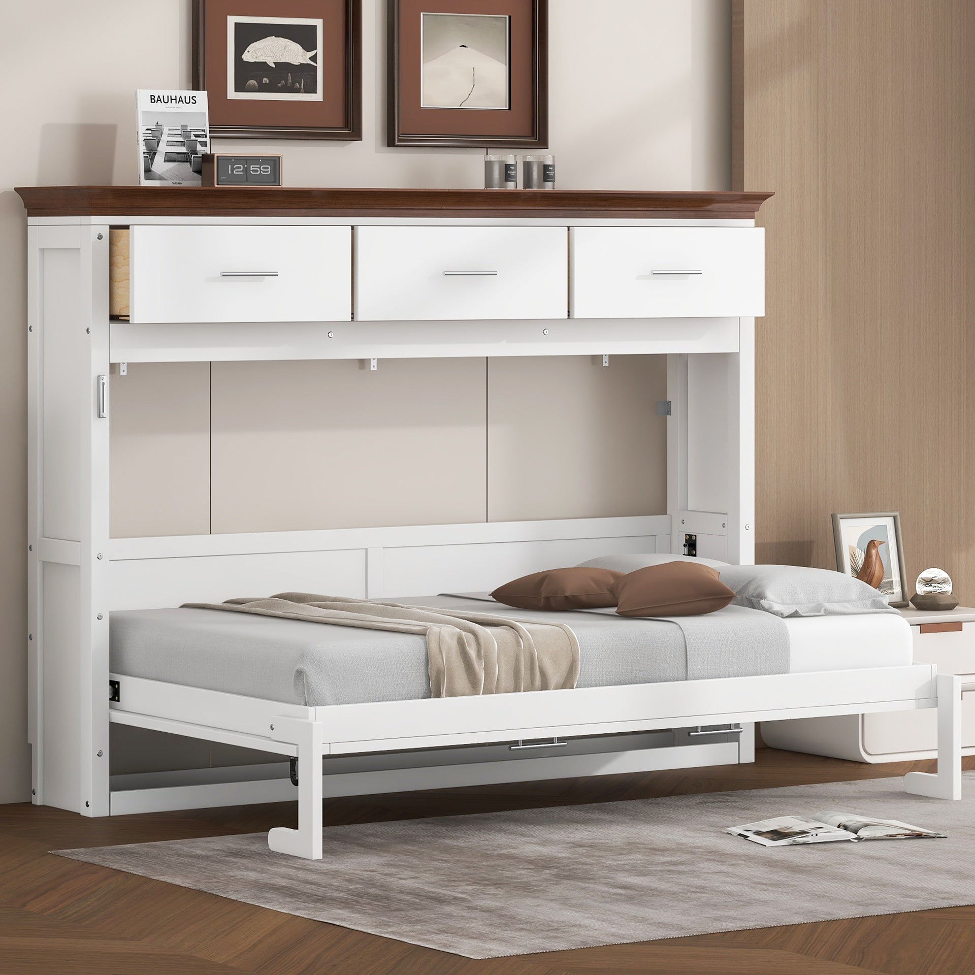 Twin Size Murphy Bed with 3 Drawers, White