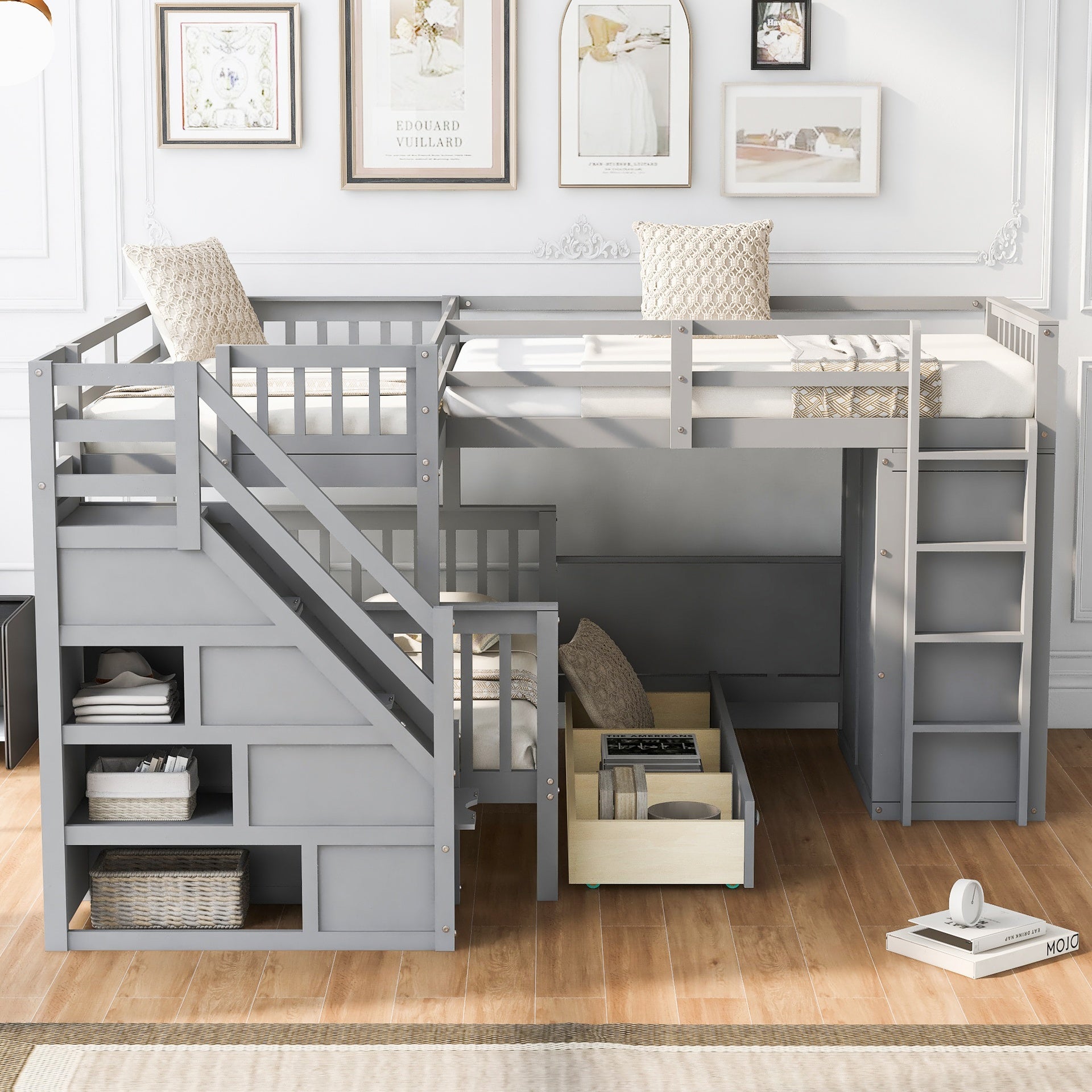 Twin-Twin over Full L-Shaped Bunk Bed With 3 Drawers, Portable Desk and Wardrobe, Gray(OLD SKU:LT100542AAE)