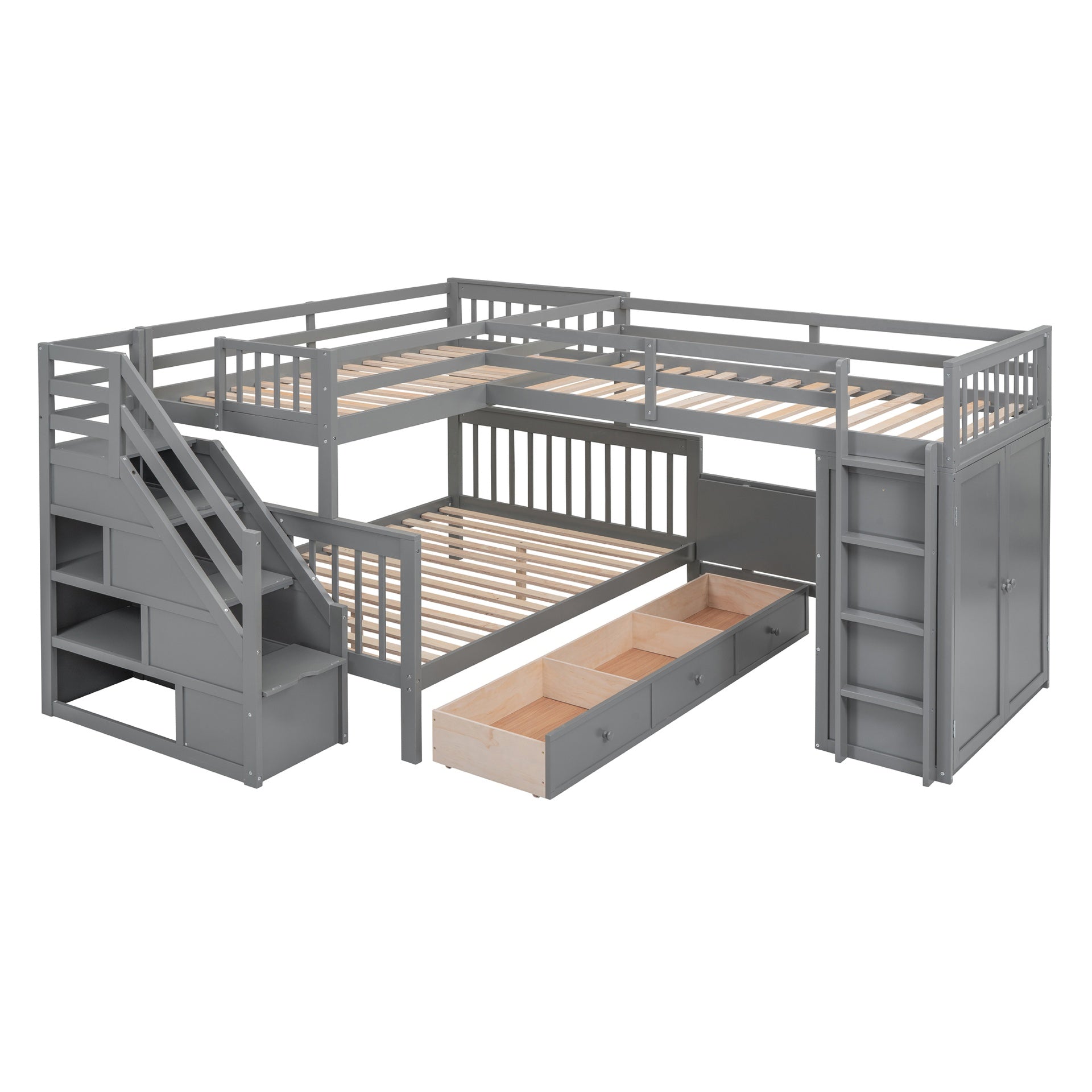 Twin-Twin over Full L-Shaped Bunk Bed With 3 Drawers, Portable Desk and Wardrobe, Gray(OLD SKU:LT100542AAE)