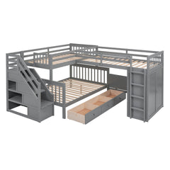Twin-Twin over Full L-Shaped Bunk Bed With 3 Drawers, Portable Desk and Wardrobe, Gray(OLD SKU:LT100542AAE)