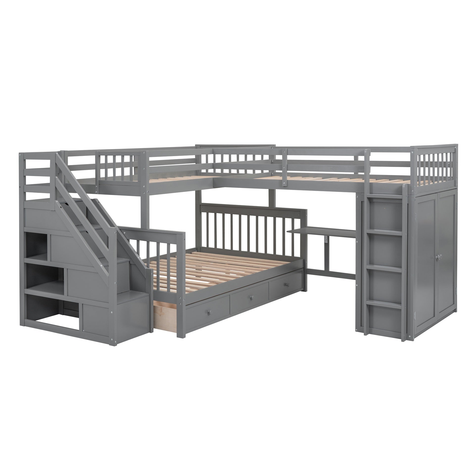 Twin-Twin over Full L-Shaped Bunk Bed With 3 Drawers, Portable Desk and Wardrobe, Gray(OLD SKU:LT100542AAE)