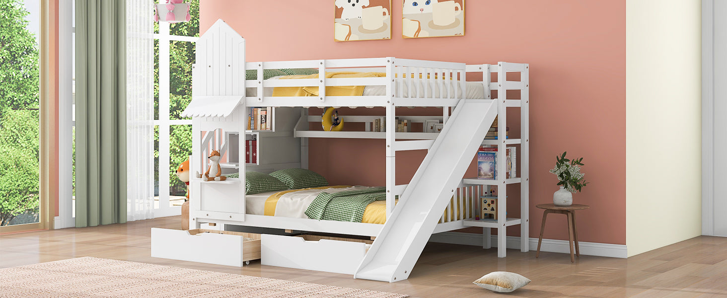 Full-Over-Full Castle Style Bunk Bed with 2 Drawers 3 Shelves and Slide - White