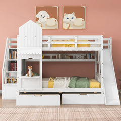 Full-Over-Full Castle Style Bunk Bed with 2 Drawers 3 Shelves and Slide - White