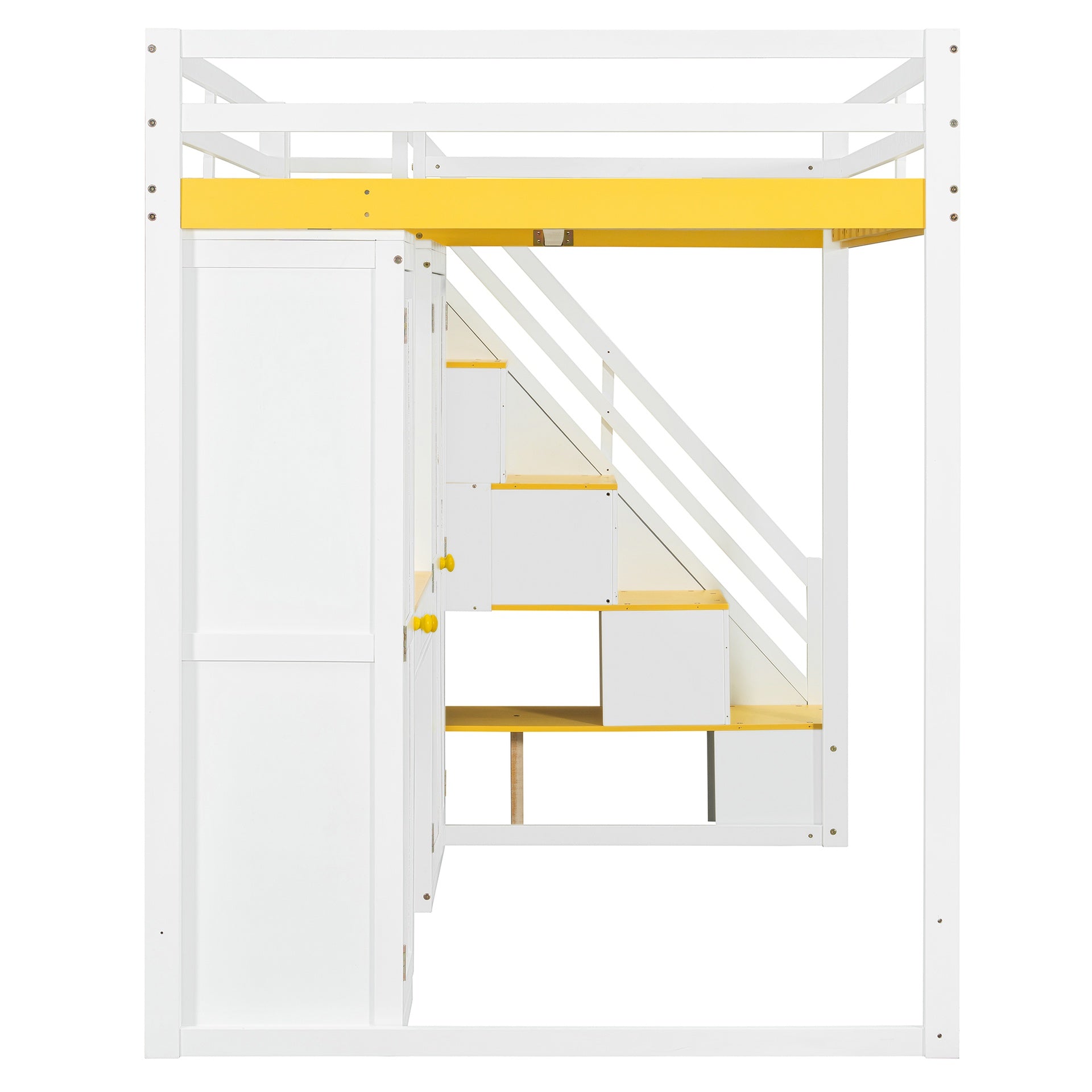 Full Size Loft Bed with Storage Staircase,Built-In Dressing Table with Mirror and Drawer, Wardrobe & Cabinets, USB Charging Ports and Lights, White+Yellow