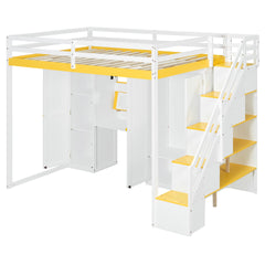 Full Size Loft Bed with Storage Staircase,Built-In Dressing Table with Mirror and Drawer, Wardrobe & Cabinets, USB Charging Ports and Lights, White+Yellow