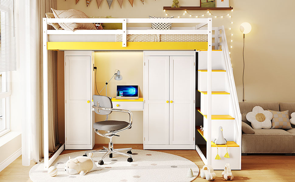 Full Size Loft Bed with Storage Staircase,Built-In Dressing Table with Mirror and Drawer, Wardrobe & Cabinets, USB Charging Ports and Lights, White+Yellow