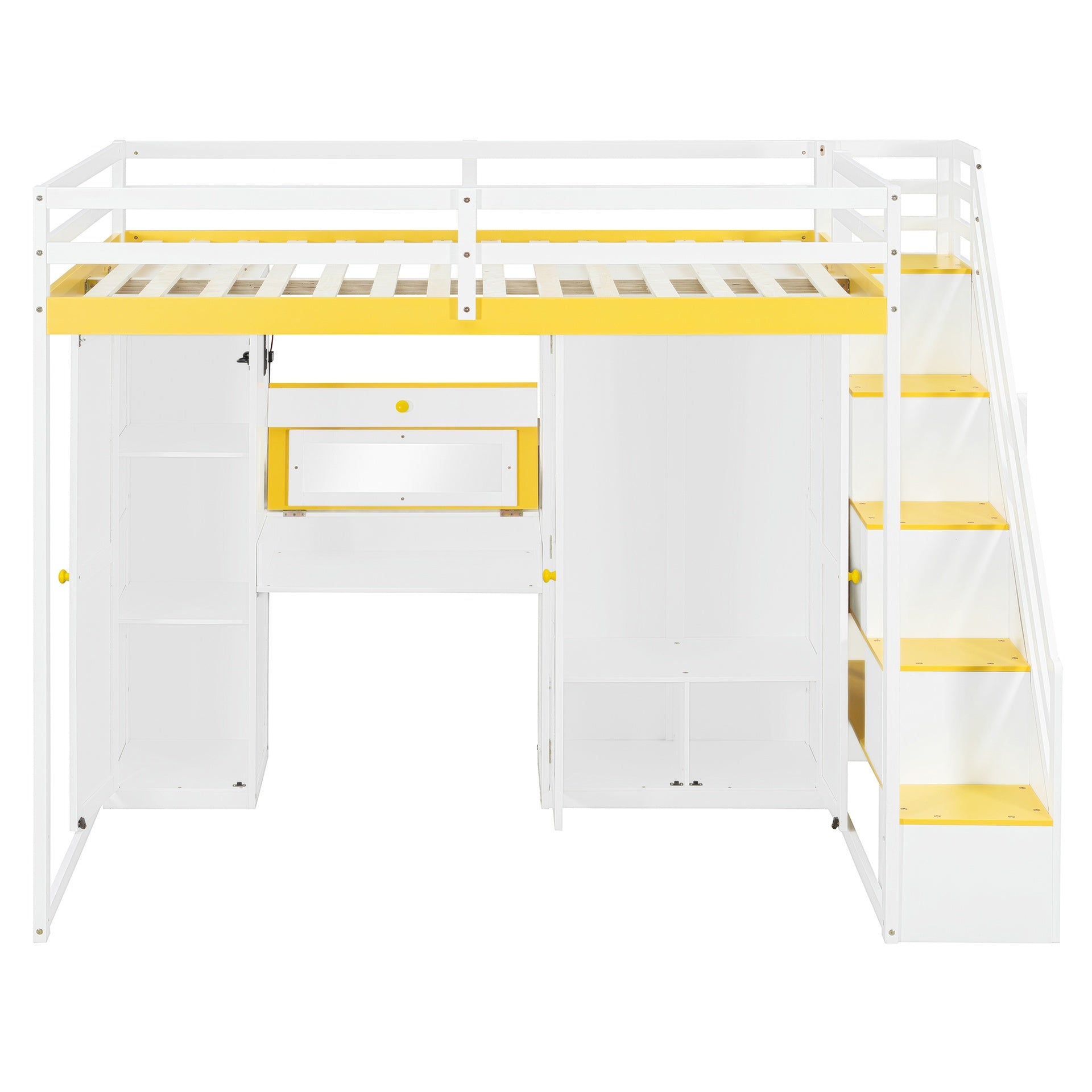 Full Size Loft Bed with Storage Staircase,Built-In Dressing Table with Mirror and Drawer, Wardrobe & Cabinets, USB Charging Ports and Lights, White+Yellow