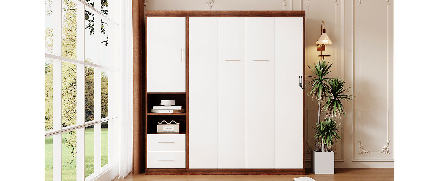 Full Size Murphy Bed Wall Bed with Cabinet,White(OLD SKU:LP000691)