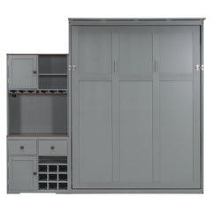 Queen Size Murphy Bed with Storage Cabinet, Wine Rack, Glass Holder, Drawers and Multi-Color LED Strip, Gray