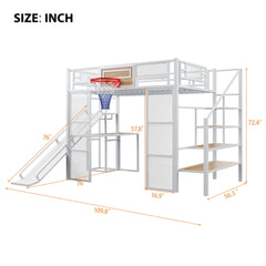 Full Size Metal Loft bed with Built-in Desk, Open Wardrobe, Basketball hoop, Slide and Staircase, White