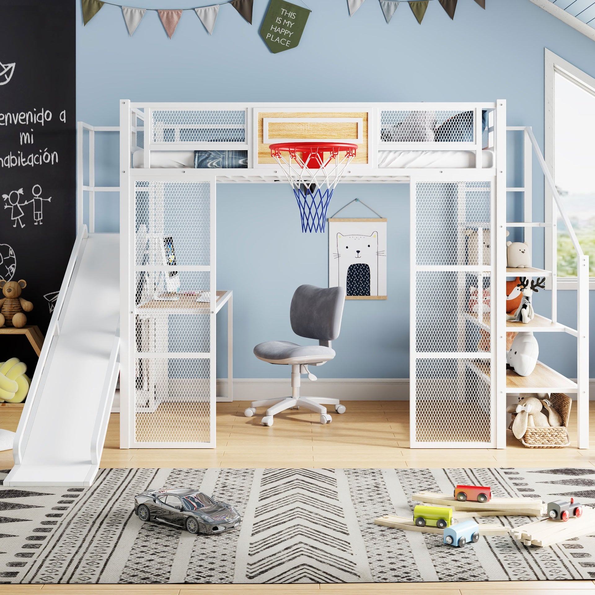 Full Size Metal Loft bed with Built-in Desk, Open Wardrobe, Basketball hoop, Slide and Staircase, White
