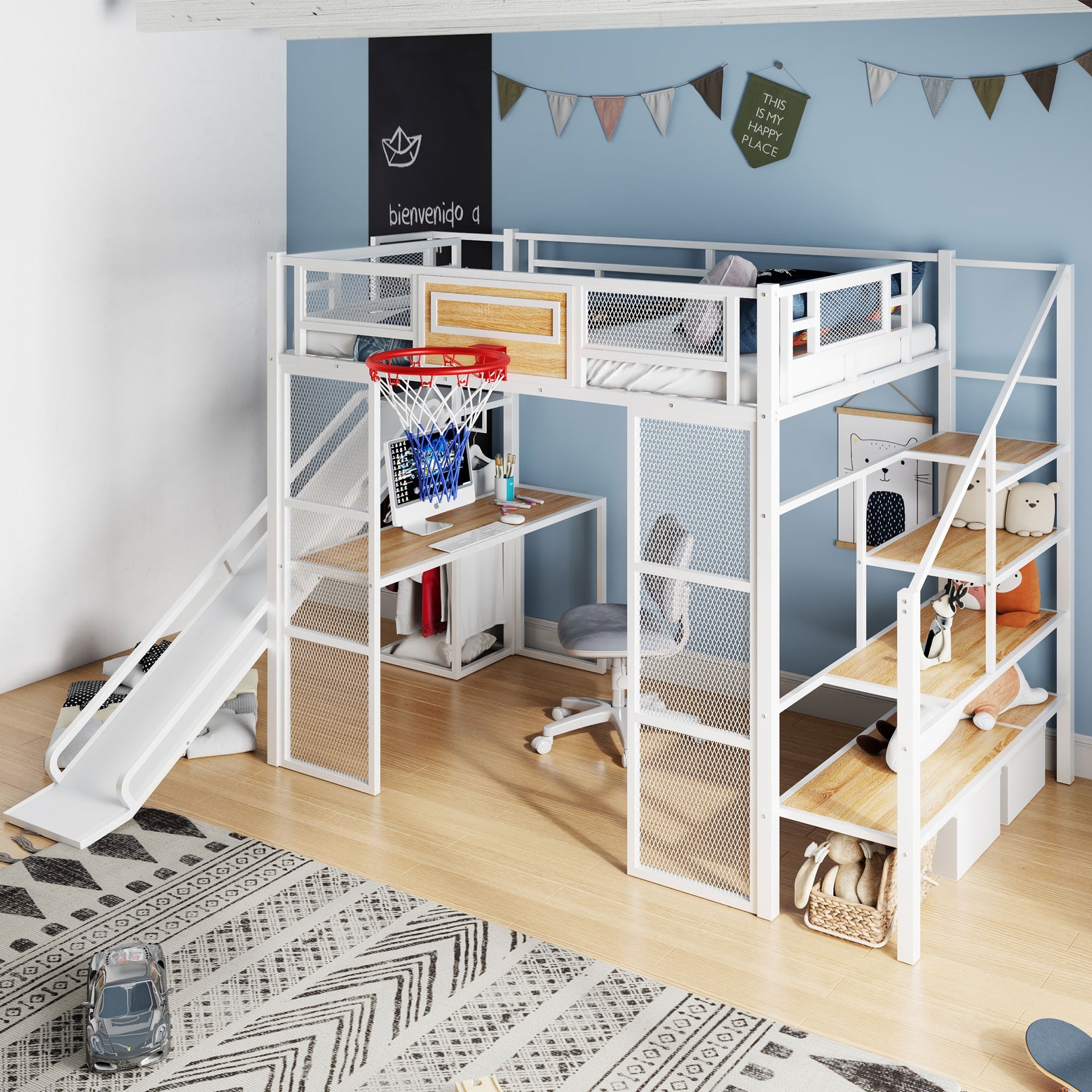 Full Size Metal Loft bed with Built-in Desk, Open Wardrobe, Basketball hoop, Slide and Staircase, White