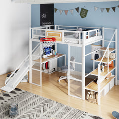 Full Size Metal Loft bed with Built-in Desk, Open Wardrobe, Basketball hoop, Slide and Staircase, White