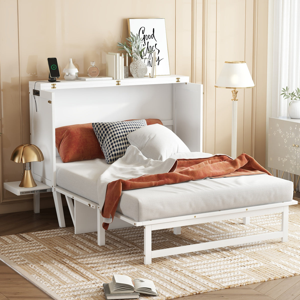 Full Size Murphy Bed with USB Port and Removable Shelves on Each Side, Solid Pine Murphy Cabinet Bed for Home Office, Guest Room,White