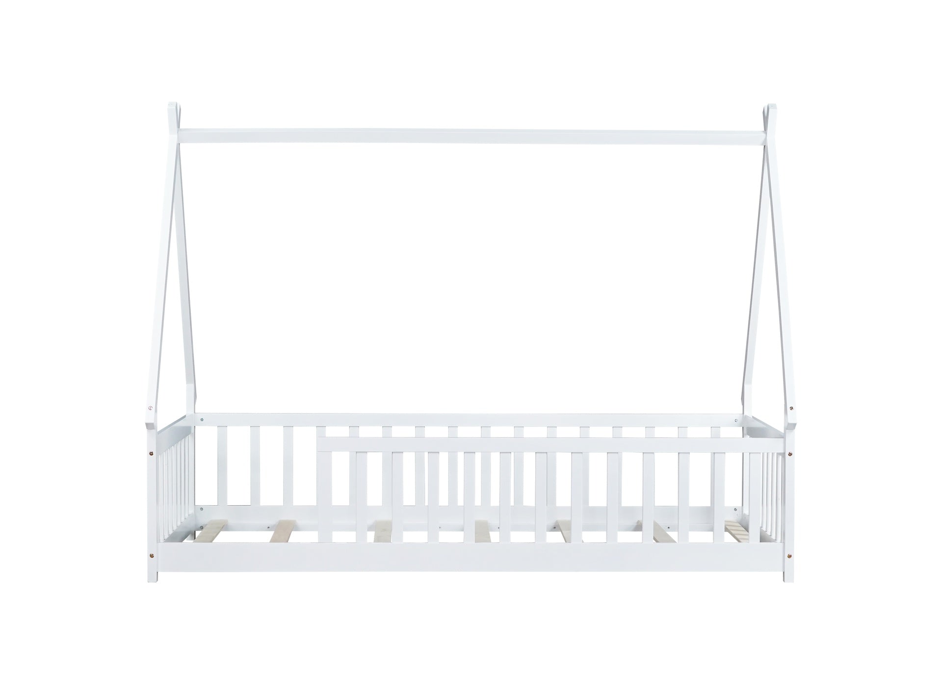 Twin Tent-shaped Floor Bed,Teepee Bed with Guardrails,Slats,White