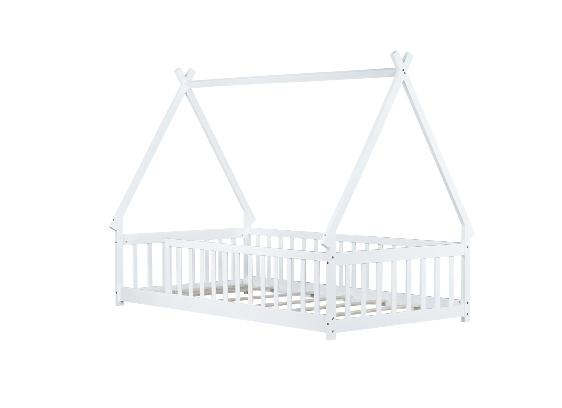 Twin Tent-shaped Floor Bed,Teepee Bed with Guardrails,Slats,White