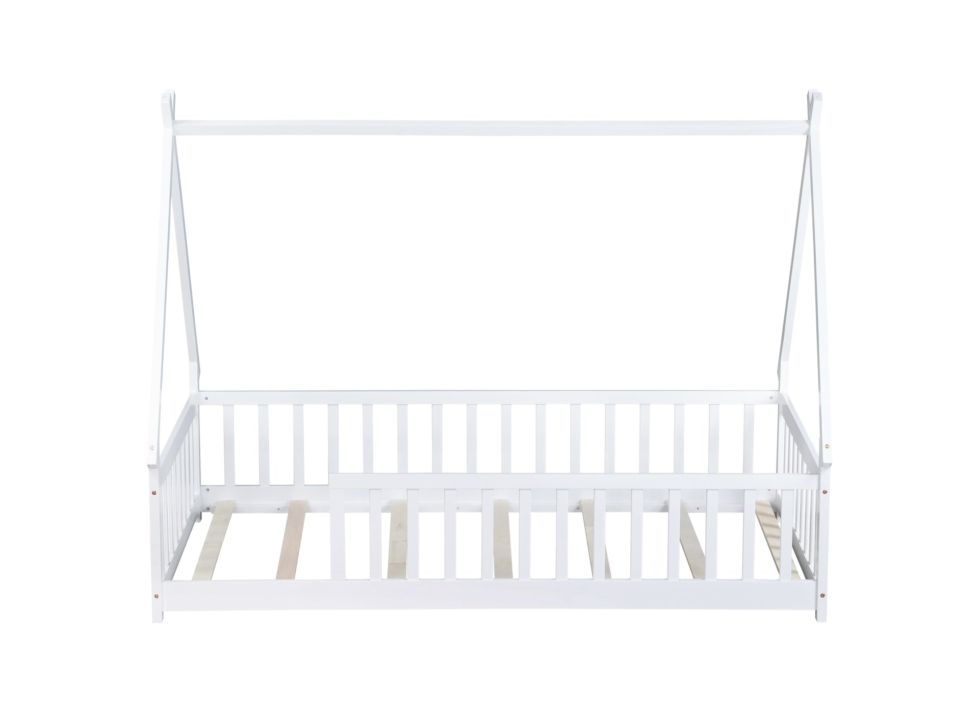 Twin Tent-shaped Floor Bed,Teepee Bed with Guardrails,Slats,White