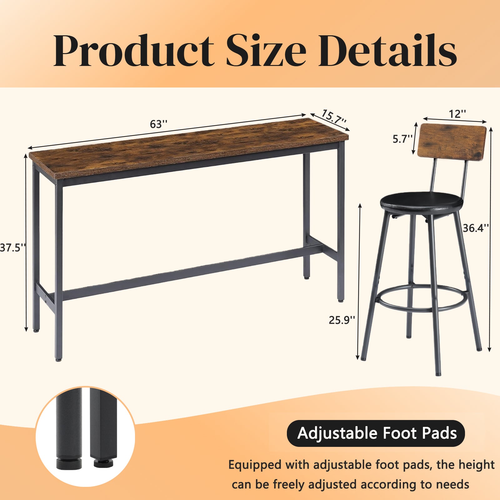 Bar Table and Chairs Set for 3, 4 Piece Industrial Dining Table Set with 3 PU Upholstered Bar Stools, Bar Table Set for Kitchen, Dining Room, Living Room, Bar, Cafe, Small Space Corner, Rustic Brown