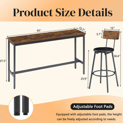 Bar Table and Chairs Set for 3, 4 Piece Industrial Dining Table Set with 3 PU Upholstered Bar Stools, Bar Table Set for Kitchen, Dining Room, Living Room, Bar, Cafe, Small Space Corner, Rustic Brown
