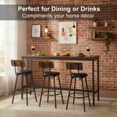 Bar Table and Chairs Set for 3, 4 Piece Industrial Dining Table Set with 3 PU Upholstered Bar Stools, Bar Table Set for Kitchen, Dining Room, Living Room, Bar, Cafe, Small Space Corner, Rustic Brown