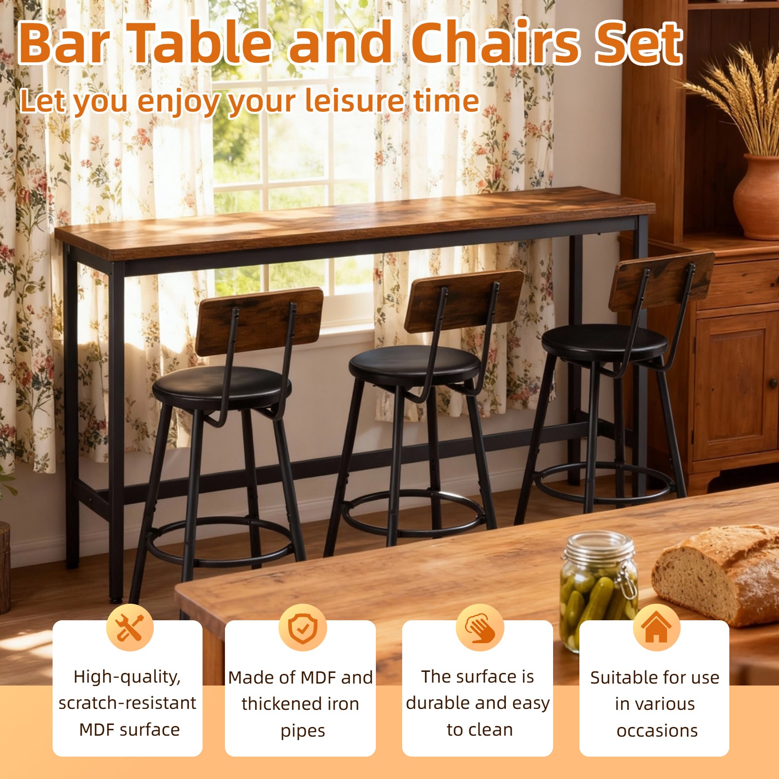 Bar Table and Chairs Set for 3, 4 Piece Industrial Dining Table Set with 3 PU Upholstered Bar Stools, Bar Table Set for Kitchen, Dining Room, Living Room, Bar, Cafe, Small Space Corner, Rustic Brown