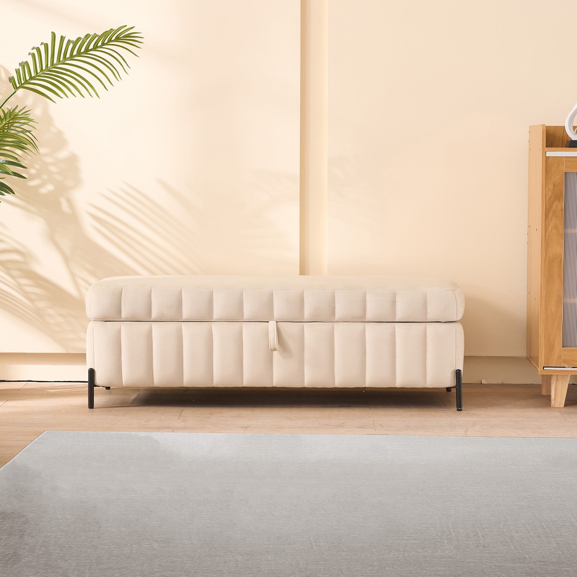 49.21" Wide Upholstered Velvet Storage Soft Bench Footstool Ottoman End of Bed with Metal Legs, Foot Rest for Living Room, Entryway and Bedroom. Beige