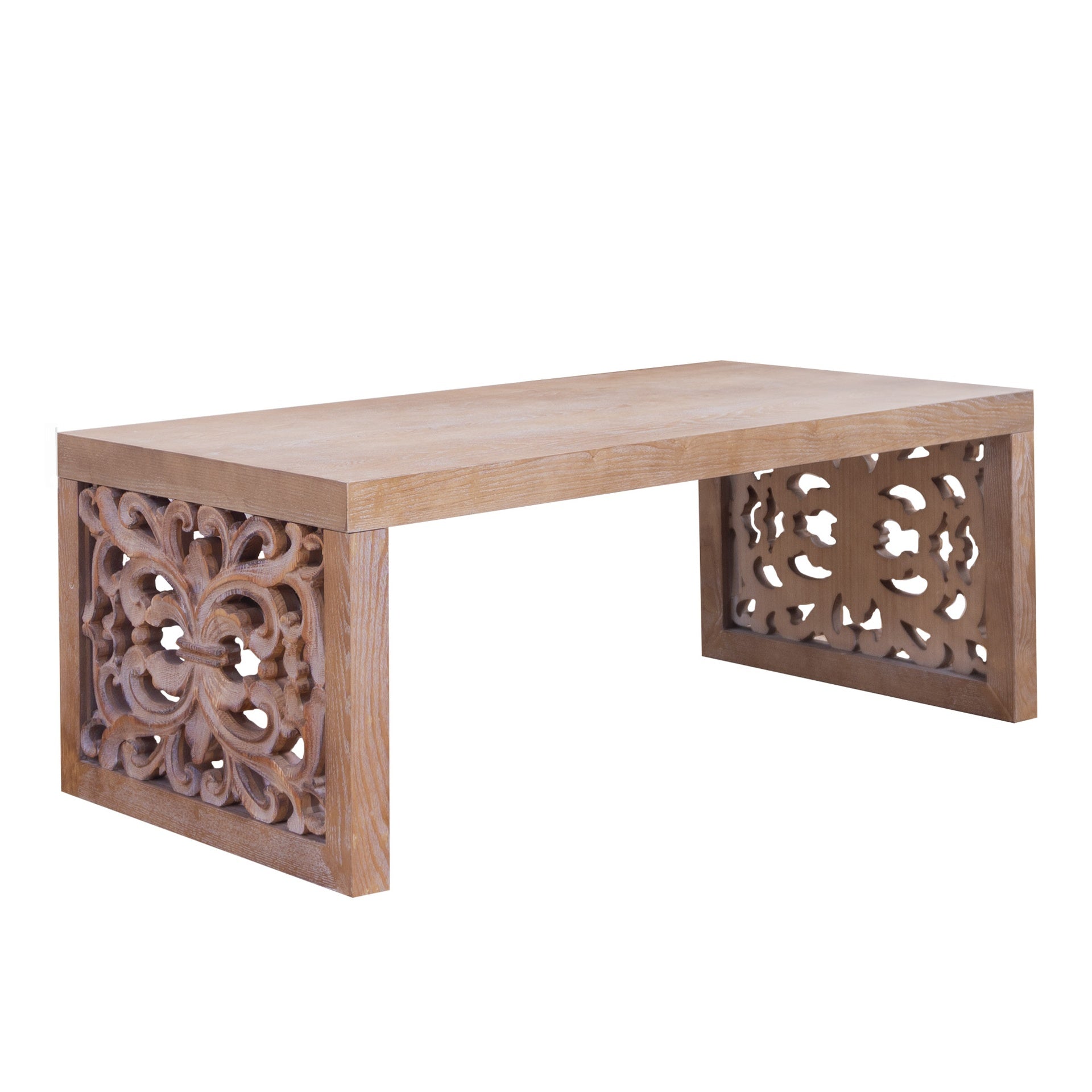 47.2" Rustic Carved Wood Coffee Table – Handcrafted Look with Ornate Side Panels, Natural Finish