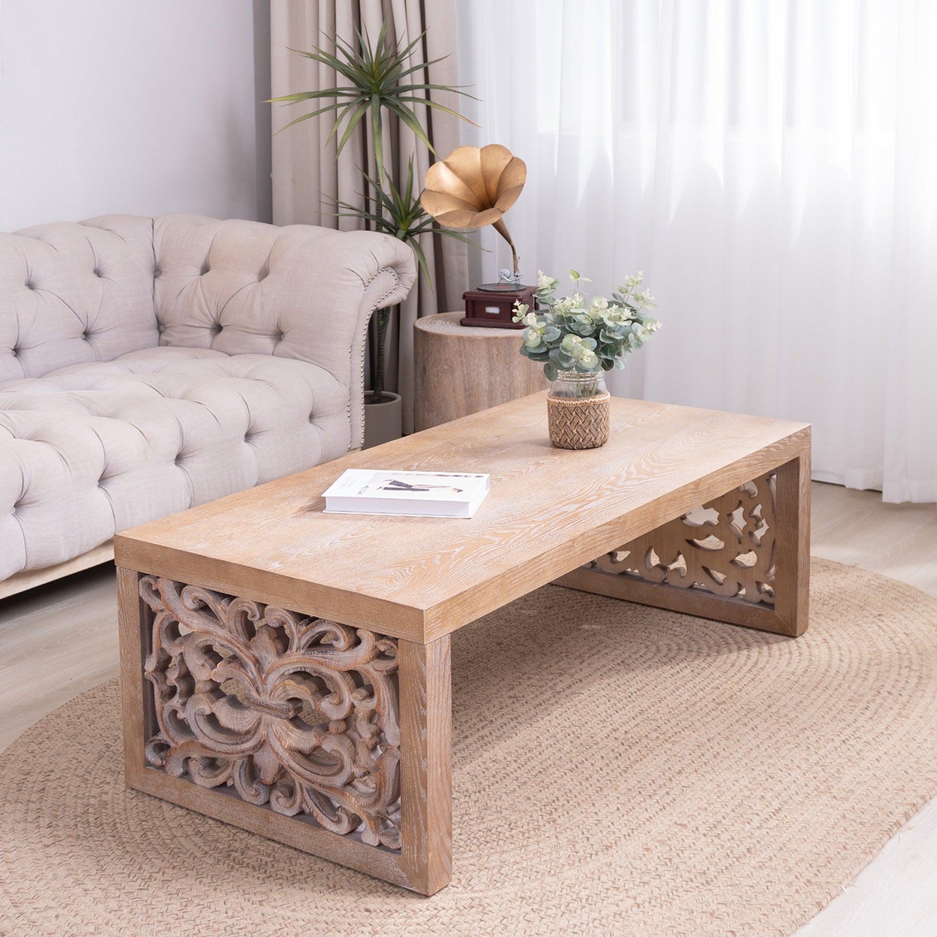 47.2" Rustic Carved Wood Coffee Table – Handcrafted Look with Ornate Side Panels, Natural Finish