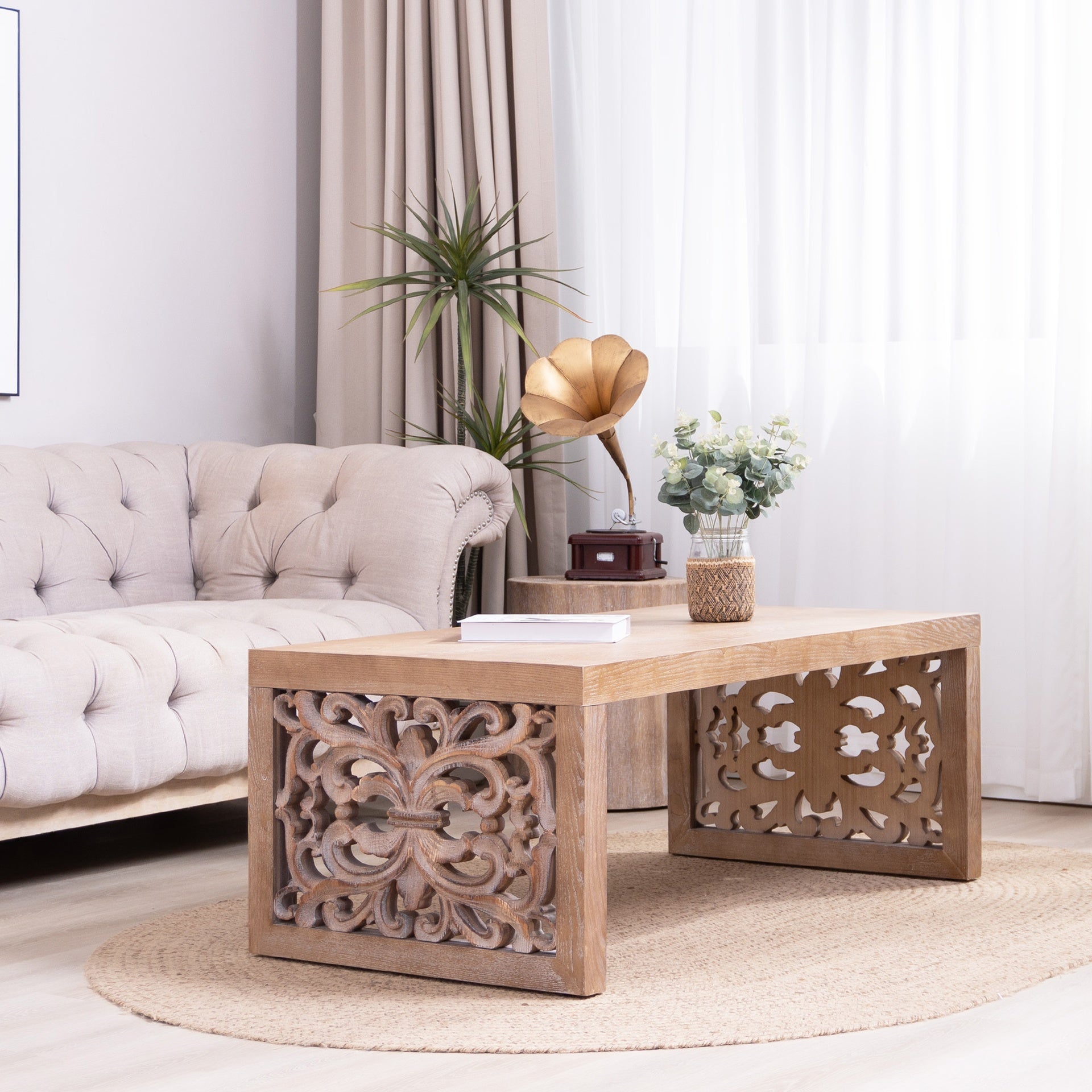 47.2" Rustic Carved Wood Coffee Table – Handcrafted Look with Ornate Side Panels, Natural Finish