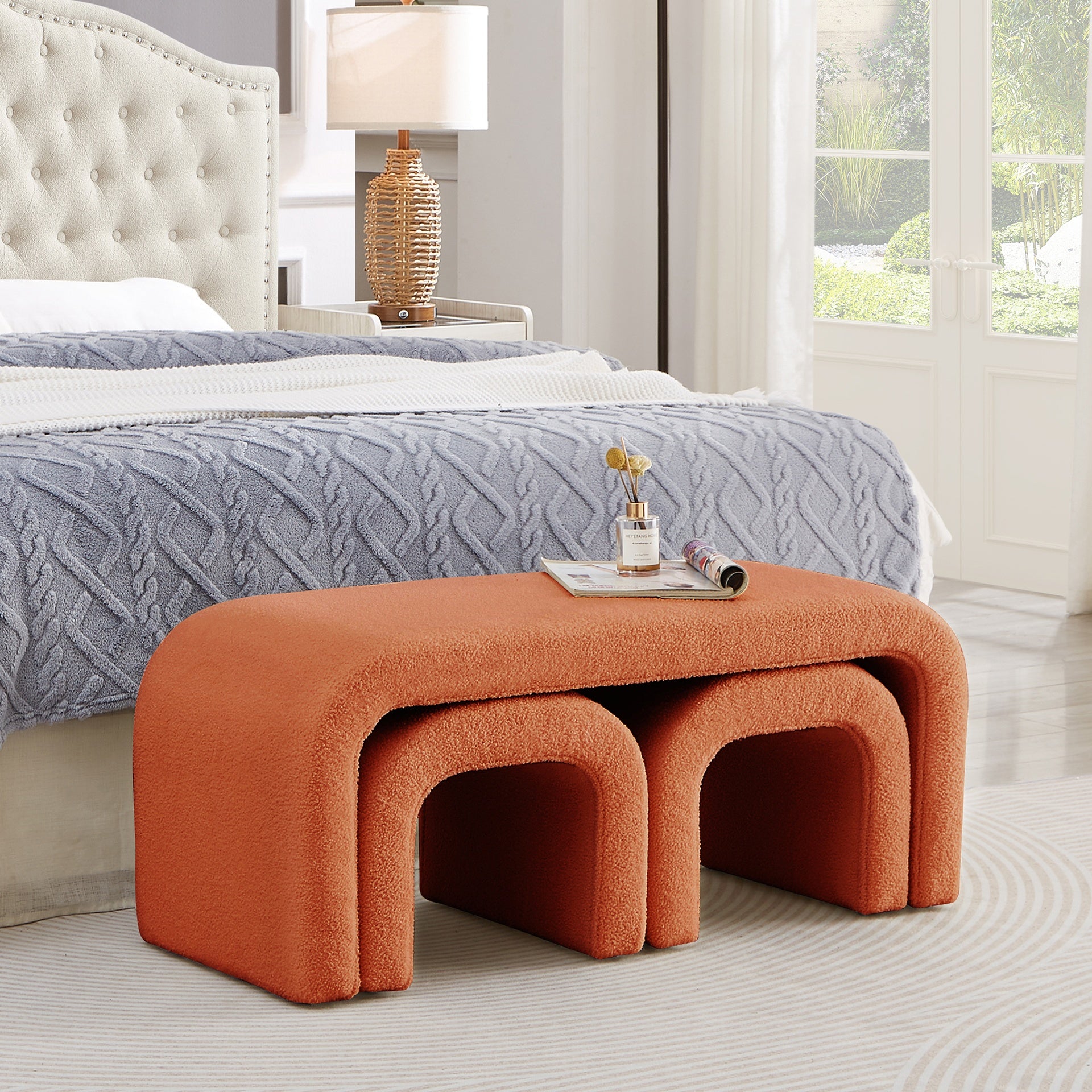 Set of 3 U-Shaped Modern Bench Teddy  Ottoman Bench for Entryway, Bedroom End of Bed, Set of 3 Small Sofa Footrest Extra Seating for Living Room, 44+18 Inch Bench Bench & Ottoman- Orange